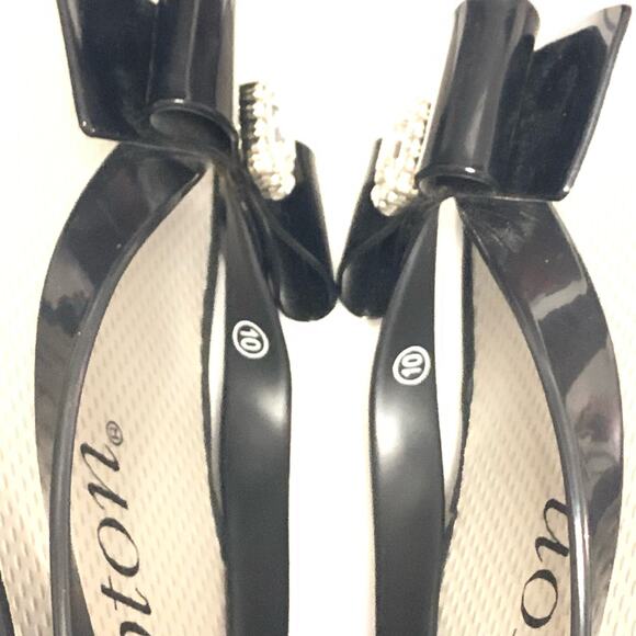 BRIGHTON Bowie Wedge Womens Shoes Black Flip Flops Black Bow & Rhinestone Sz. 10 - Picture 3 of 9
